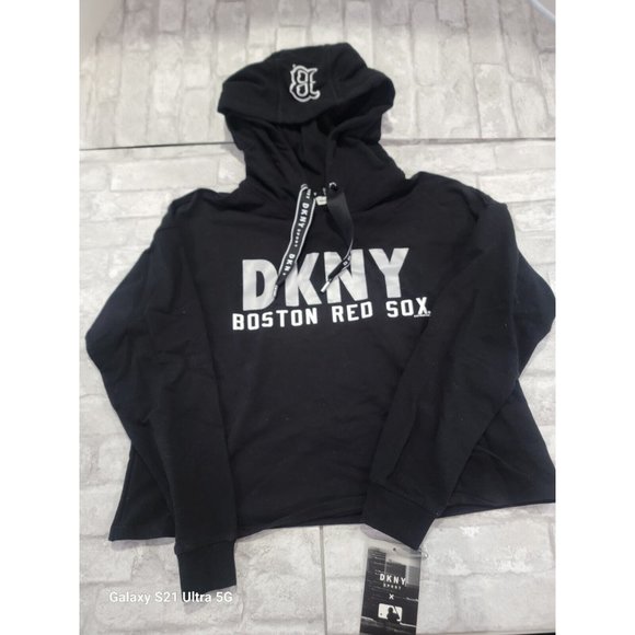 Boston Red Sox MLB DKNY Sport Pullover Drawstring Crop Hoodie Black‎ Women Large - Picture 5 of 9